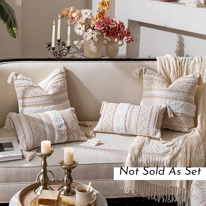 Decorative Lumbar Throw Pillow Cover 12x20 Cream Neutral White Rectangular Boho Accent Pillowcase Farmhouse Cushion for Couch Sofa Bedroom Living Home Décor (Cover ONLY, Pack of 1)