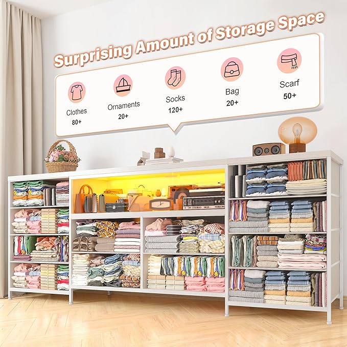 Fits 65,70 inch TV Stand Dresser 63" W TV Entertainment Center for Bedroom with LED Lights & Power Outlets 12 Long Fabric Dresser for Bedroom, Hallway or Closets White