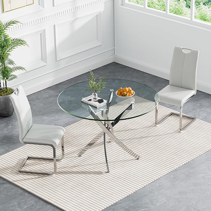 Goujxcy 3 Pieces Round Dining Table Set for 2, Modern Silver Glass Kitchen Table and Chairs for 2 with Upholstered Chairs, Circle Coffee Dining Table Set for Small Space,Apartment,Office