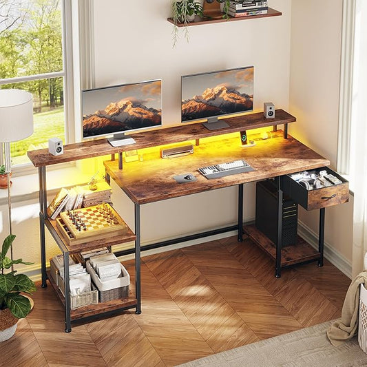 55 Inch Computer Desk with Drawer, Office Desk with Printer Storage Shelves & File Cabinet,Gaming Desk with LED & Power Outlet,Study Table with Monitor Shelf for Home Office Dorm Bedroom Rustic Brown