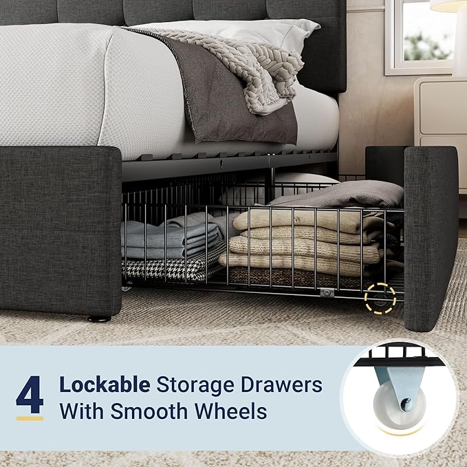 Allewie Upholstered Full Size Platform Bed Frame with 4 Storage Drawers and Headboard, Square Stitched Button Tufted, Mattress Foundation with Wooden Slats Support, No Box Spring Needed, Dark Grey