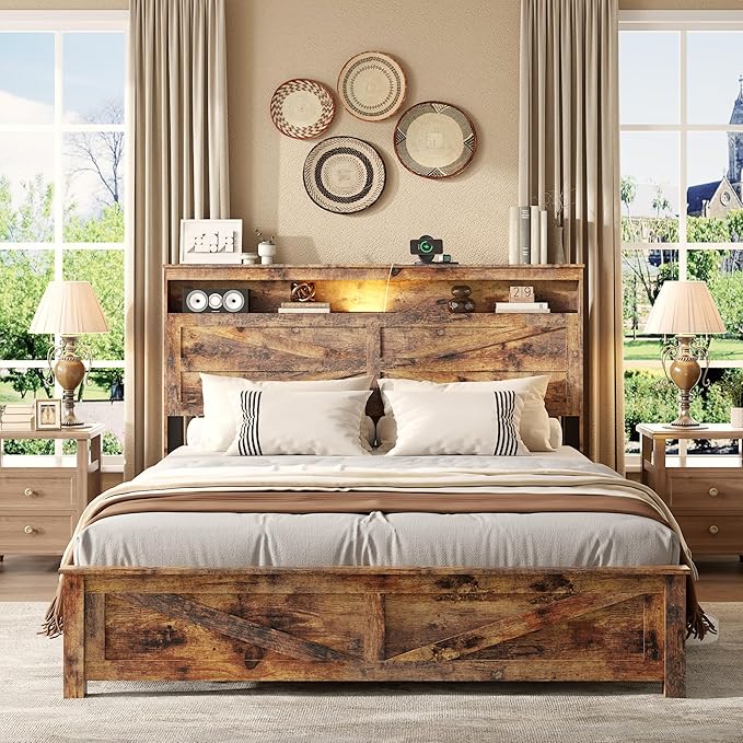 Farmhouse Queen Size Bed Frame with Headboard Storage Shelf, Wood Platform Bed Frame with LED Lights & Charging Station, Rustic Brown Metal Bed, No Box Spring Needed, Noise-Free Sturdy Structure