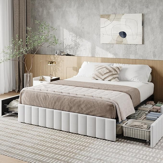 Allewie Full Size Platform Bed Frame with 4 Large Storage Drawers, Velvet Vertical Channel Tufted Upholstered Bed Base, Wooden Slats Support, Noise-Free, No Box Spring Needed, Easy Assembly, White