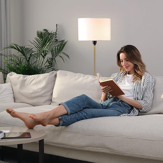 O’Bright Ted - Drum Shade Standing Lamp, Pull Chain Switch, E26 Socket, Modern Minimalist Design, Simple Floor Lamp for Living Room, Bedroom, Office, Antique Brass