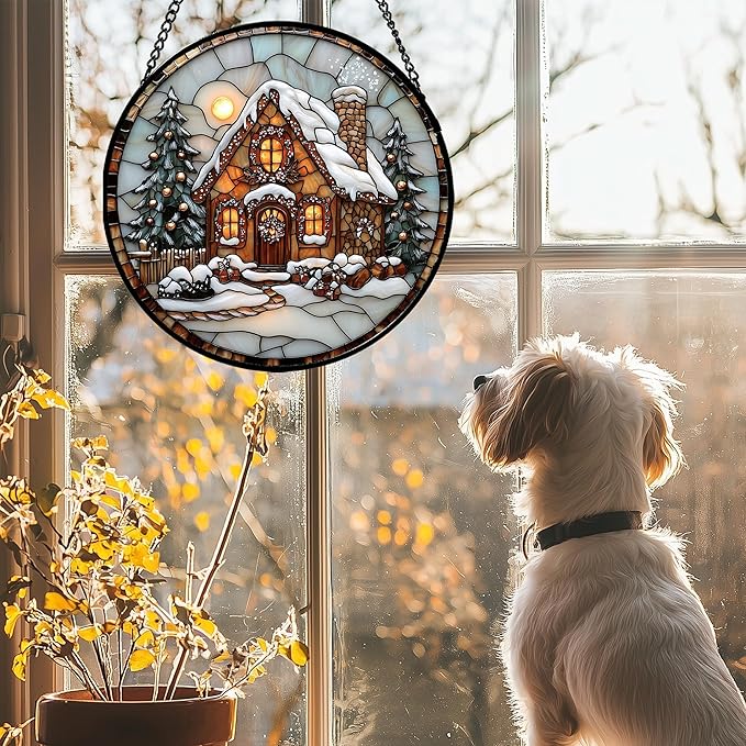 Stained Glass Window Hanging - Christmas Tree Cottage Sun Catcher for Door Garden Home Winter Decor Snowy Night Suncatcher Mother's Day Birthday Gifts for Women Men Mom Nana 11.8 in