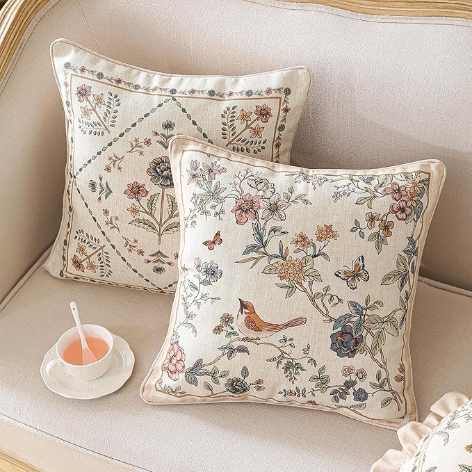 Design Square Floral Bird Linen Throw Pillow Covers 18"x18" Pack of 2, Yellow Pink Cushion Covers with Flower Chinese Hwamei Decor Pillowcases for Bed,Living Room,Outdoor,Car