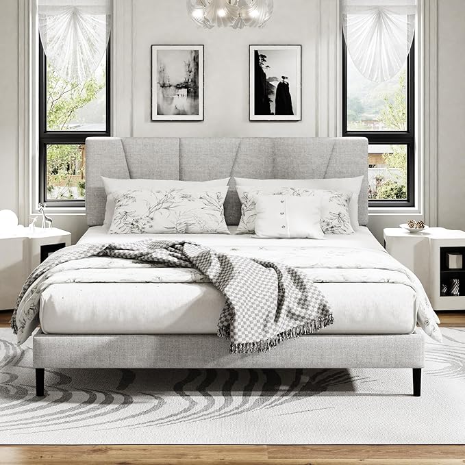 King Size Platform Bed Frame with Upholstered Headboard, Wooden Slats Support, Noise Free, No Box Spring Needed, Easy Assembly, Light Grey, Linen