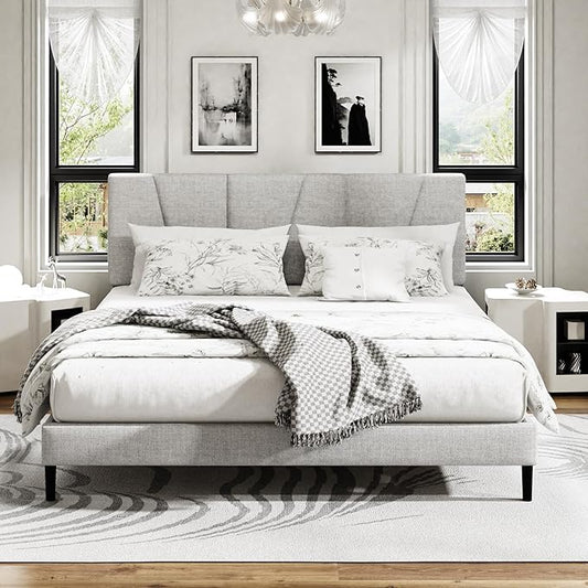 King Size Platform Bed Frame with Upholstered Headboard, Wooden Slats Support, Noise Free, No Box Spring Needed, Easy Assembly, Light Grey, Linen