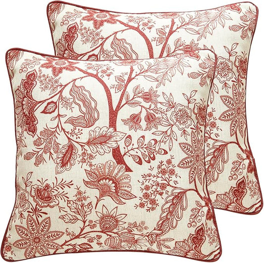 Design Linen Square Throw Pillow Covers 18"x18" Pack of 2, French Country Cushion Covers with Red Toile de Jouy Floral Pattern Decoration Pillowcases for Bed, Living Room, Outdoor, Car