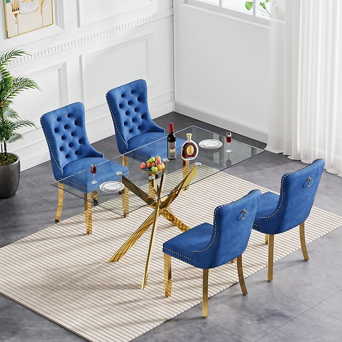 Goujxcy Glass Dining Table Set for 4, Modern Kitchen Table and Chairs Set of 4, 5-Piece Kitchen Dining Room Table Set w/51 Glass Gold Dining Table and 4 Blue Velvet Upholstered Chairs