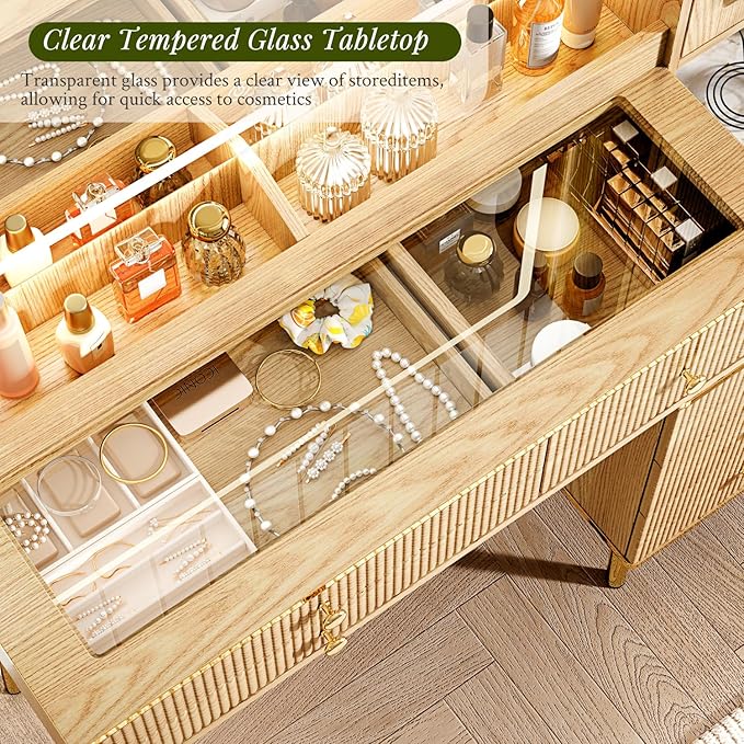 Vanity Desk with 35.12" HD Lighted Mirror, 46.85" Big Modern Vanity Desk with Mirror and Lights, Makeup Vanity with 7 Drawers and Storage Shelves and Charging Station, Oak