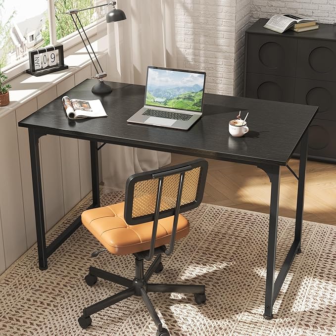 Huuger Modern Simple Office Desk, 40 Inch Gaming Desk with Storage, Black Metal Frame, Large Legroom