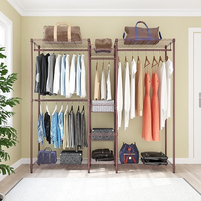 XIOFIO 6 Tiers Heavy Duty Garment Rack,Clothing Storage Organizer, Metal Clothing Rack,Clothing Rack with Hanging Rod,Adjustable Shelf and Fixed Baskets,60.7"L x 15.7"W x 70.5"H Max Load 720LBS,Bronze