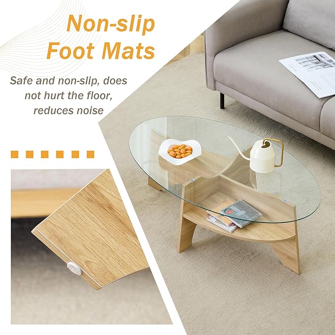 41" Oval Glass Coffee Table with Tempered Glass Top and MDF Base, Diagonal Fan-Shaped Tray Design Table Leg Simple & Modern Center Table for Living Room Office Apartment Wood