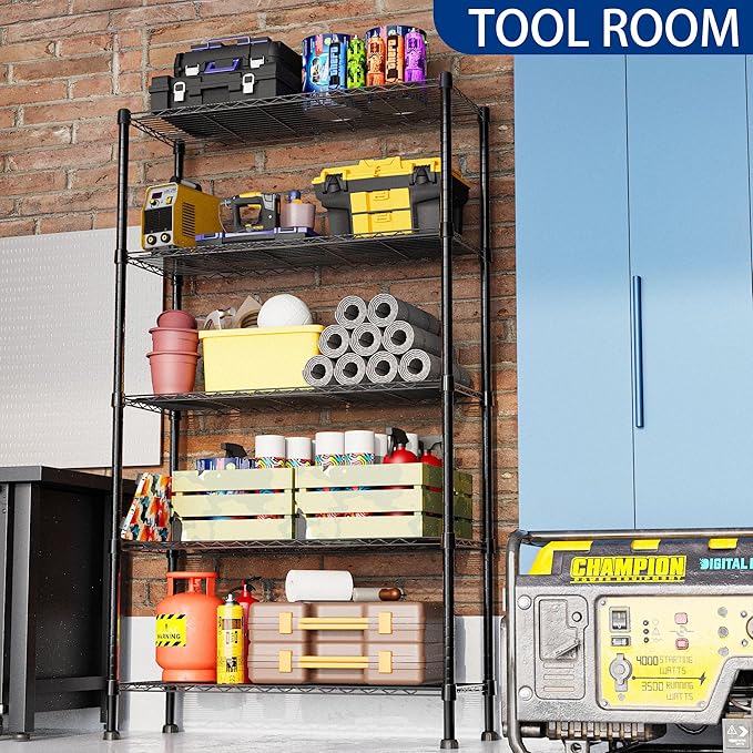 REGILLER 5-Wire Shelving Metal Storage Rack Adjustable Shelves,Standing Storage Shelf Units for Laundry Bathroom Kitchen Pantry Closet(Black,14.1" D x 36.1" W x 71.5" H)