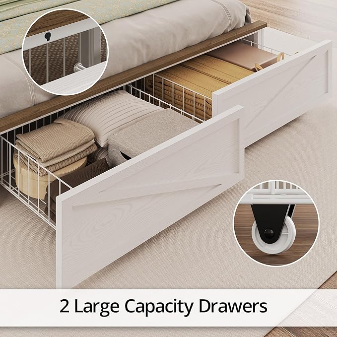 IRONCK Farmhouse Full Size Bed Frame with LED Light and Charging Station, Wood Bed Frame with Storage Headboard and 2 Drawers， Barn Door Design, Sturdy and Noiseless, White