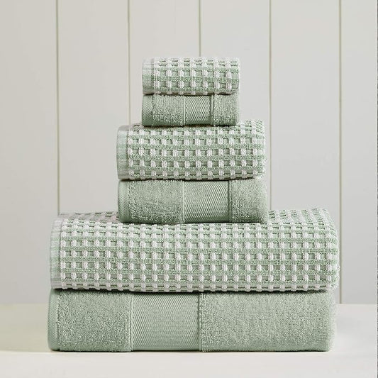 Modern Threads 6-Piece 100% Combed Cotton Yarn Dyed Cobblestone Jacquard Towel Set Mineral Green