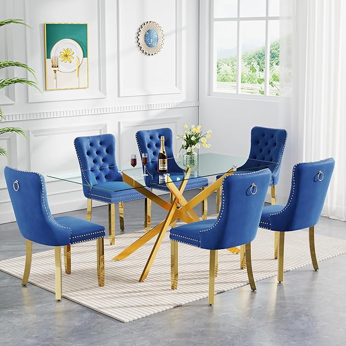 Goujxcy 7 Piece Glass Dining Table Set Modern Glass Dining Table Set for 6, 61" Rectangular Gold Kitchen Table and 6 Velvet Upholstered Chairs, Gold Table & Blue Chair