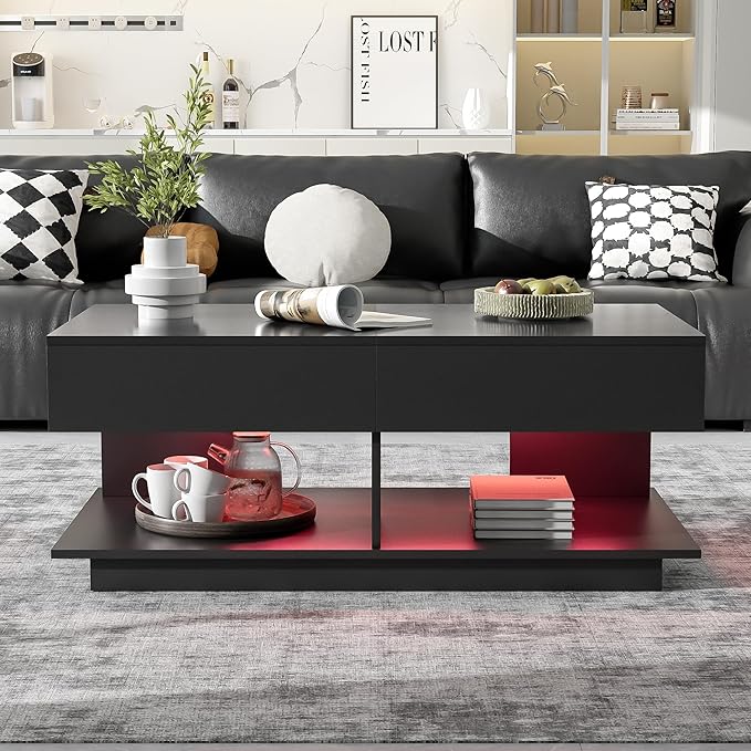 Modern High Gloss LED Coffee Table Center Table with Hidden Storage Space, Extending Top & LED Light for Living Room, Black
