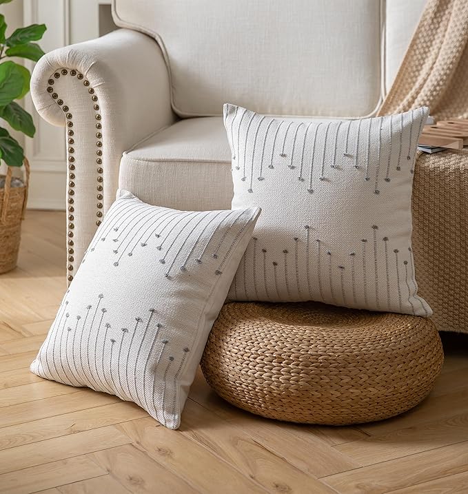 Caflife Boho Throw Pillow Covers 24x24 Set of 2 Decorative Pillows for Bed, Neutral Pillow Covers Beige with Grey Line Throw Pillows for Modern Farmhouse Couch Sofa Living Room Outdoor