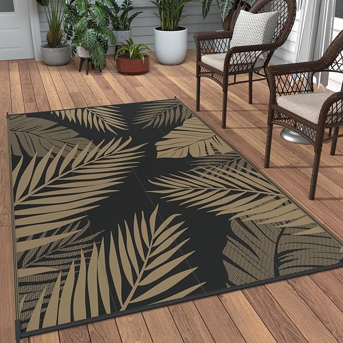 GENIMO Outdoor Rug 3' x 5' Waterproof for Patios Clearance, Reversible Outdoor Plastic Straw Camping Rug Carpet, Large Area Rugs Mats for RV, Camper, Deck, Balcony, Porch, Beach, Picnic, Black&Brown