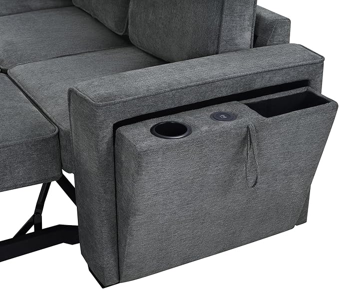 Ball & Cast Convertible Sleeper Sofa Bed,Chenille L Shaped Pull Out Couch Bed with Flip-Top Table, USB Ports & Hidden Cup Holders, Corner Sectional Sofa Couches for Living Room,Dark Grey