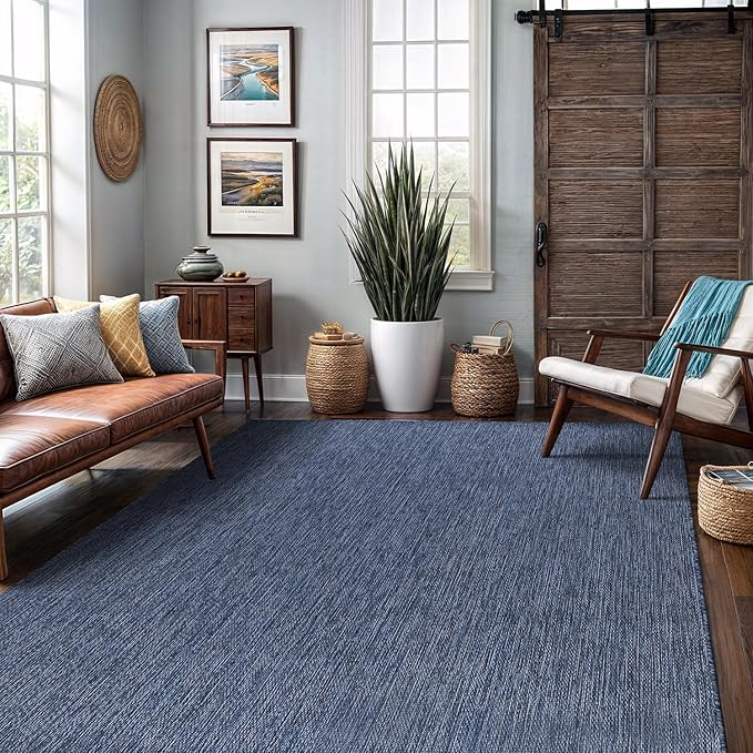 Washable Indoor Outdoor Rug 10x14 Weather Resistant Area Rugs Modern Solid for Porch Deck Balcony Backyard Patio Outside Carpet (10 X 14 Azure Blue)