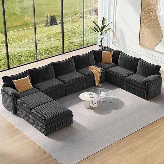Vesgantti Large Modular Sectional Sofa, Big Comfy Cloud Couch with Ottoman Deep Seat Corduroy Cloud Sofa, 9 Seater Large Sectional Couches for Living Room, Bedroom and Apartment, Gray