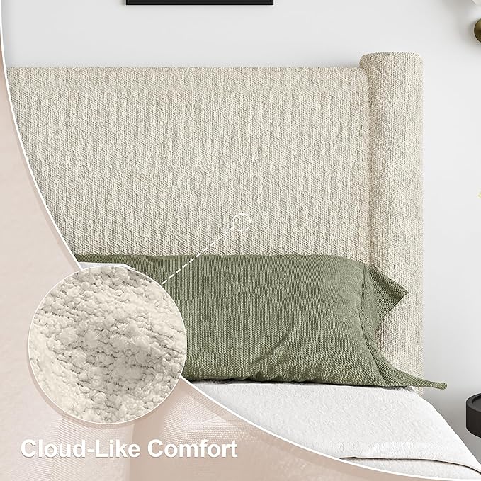 Full Size Bed Frame, Boucle Upholstered Platform Bed with Headboard and Footboard, Soft Rounded Corners, No Box Spring Required, Easy Assembly, Cream
