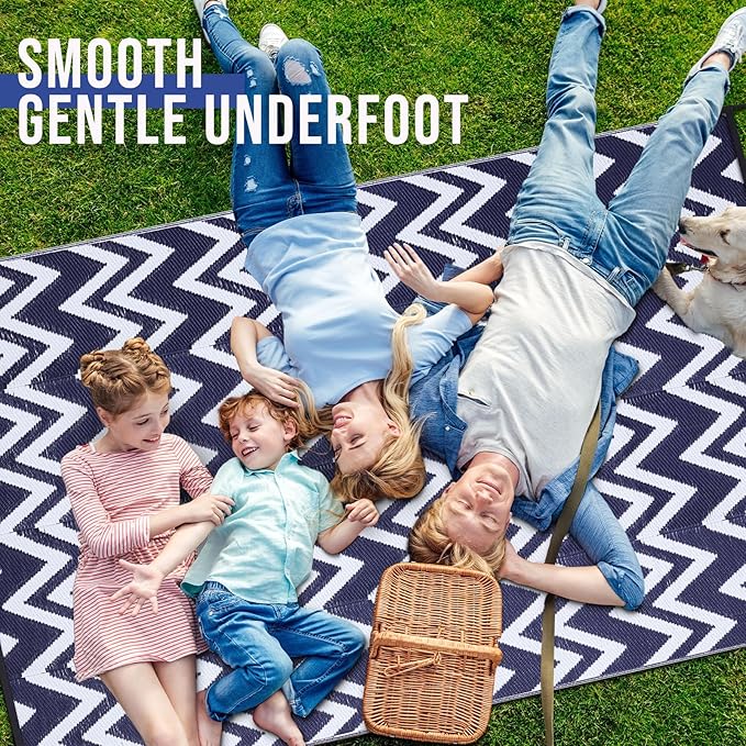 OLANLY Waterproof Outdoor Rug 8x10 ft Clearance, Reversible Outdoor Plastic Straw Rug, RV Mat, Indoor Outdoor Carpet for Patio, Camping, Balcony, Deck, Backyard, Navy & White