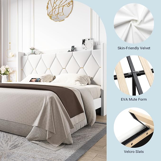 Allewie Velvet King Size Upholstered Bed Frame with Wingback Storage Headboard & Charging Station, Platform Bed with Diamond Tufted Design & Gold Trim, No Box Spring Needed, Easy Assembly, White