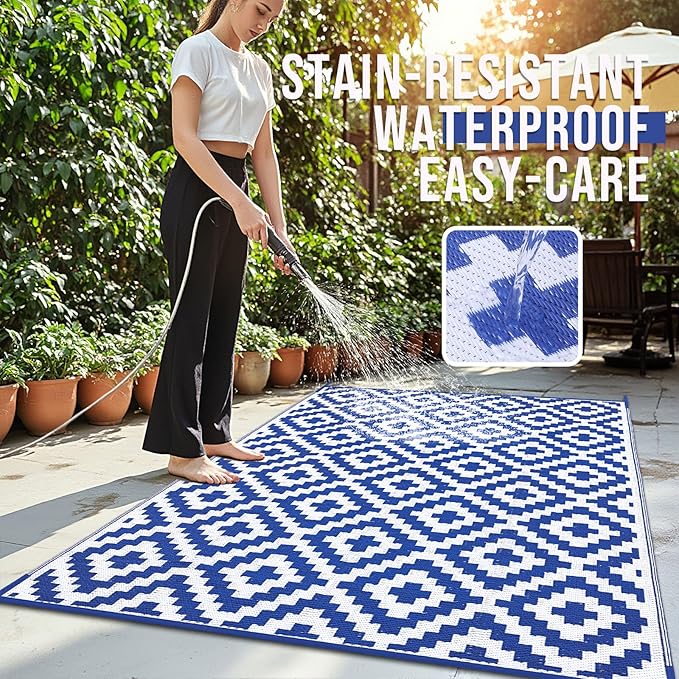 OLANLY Waterproof Outdoor Rug 6x9 ft, Outdoor Plastic Straw Rug for Camping, RV Mat Outside, Outdoor Carpet for Porch, Deck, Backyard, Balcony, Picnic, Blue & White
