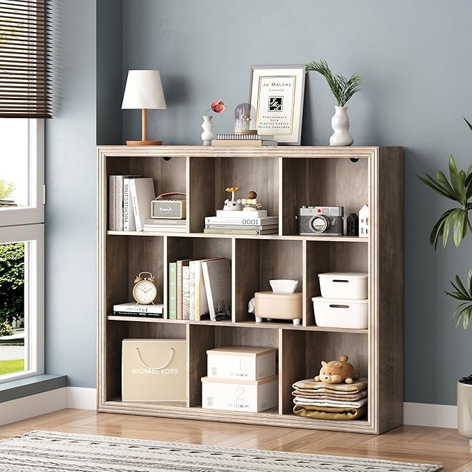 Book Shelf with 10-Cube, 43” Wide Bookshelf with Anti-Tip Device, 38” Tall Open Bookcase, Modern Display Organizer Book Case for Home Office, Entryway, Living Room, Bedroom, Study Room