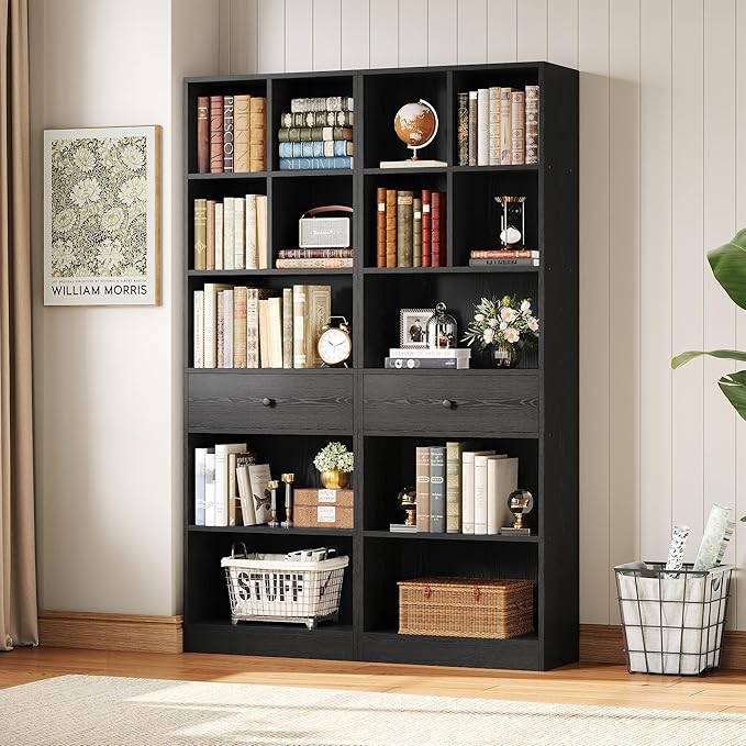 IRONCK Bookcase and Bookshelves, 70" Tall Bookshelf Floor Standing 6 Tiers Display Storage Shelves, Book Shelf with Drawers for Home Office, Living Room, Bedroom, Library, Black