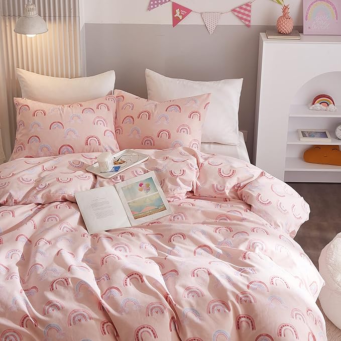 Ivellow Queen Duvet Cover Set 100% Cotton Rainbow Pink Kids Duvet Cover for Girls Cute Kawaii Bedding Set 3 Pcs Ultra Soft Breathable Toddler Teen Duvet Cover Patterned Cartoon Comforter Cover Bed Set