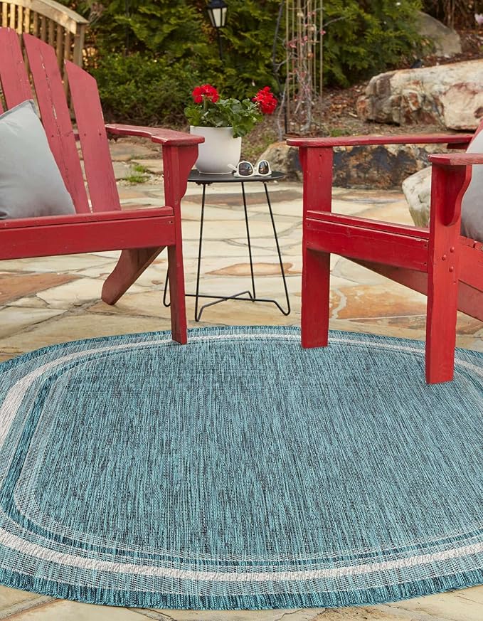 Unique Loom Outdoor Border Collection Area Rug - Soft Border (7' 10" x 10' Oval, Teal/ Ivory)