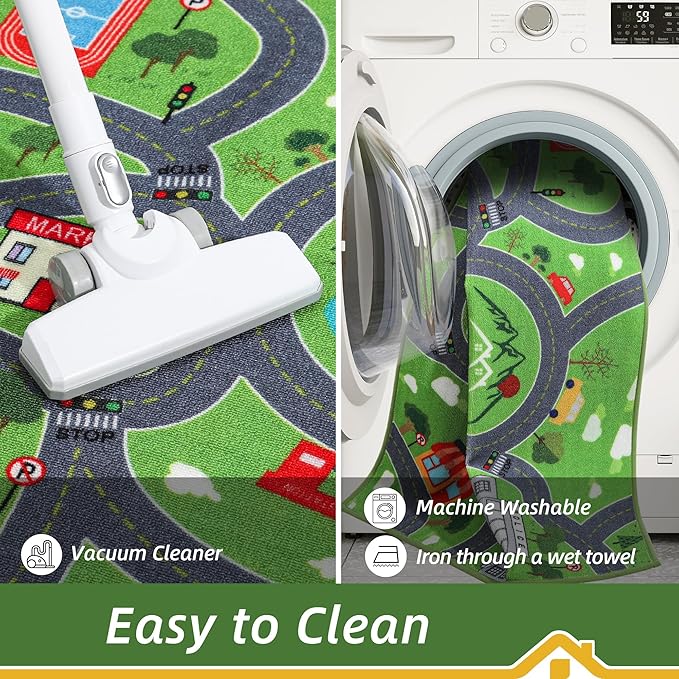 BEQHAUSE Kids Play Mat, Green City Traffic Road Kids Room Rug Great for Playing with Cars, 32”x60” Play Area Rug Car Rugs for Children's Bedroom, Toddler Classroom and Baby Playroom