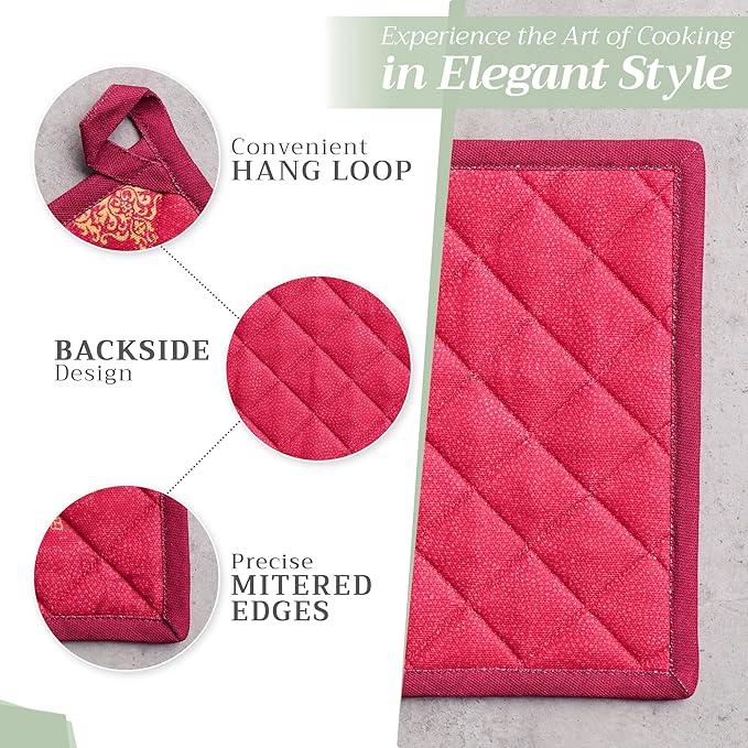 Maison d' Hermine Pot Holders Set 100% Cotton Heat Resistant Potholders 8" x 8" Hot Pads with Loop for Thanksgiving Christmas Decorations BBQ Cooking Baking Handling Hot Pans (Pack of 2, Versailles)