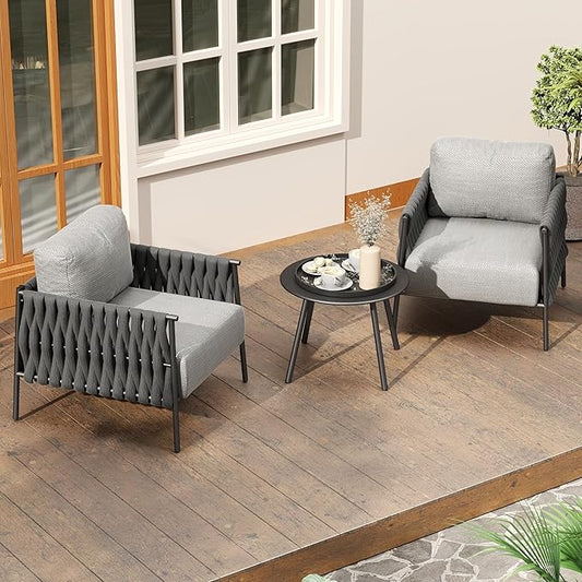 East Oak 3-Piece Patio Furniture Set | Armchairs & Coffee Table | Outdoor Furniture with Cushions | Deep Seating Modern Conversation Set | Garden, Porch, Balcony & Backyard | Misty Grey