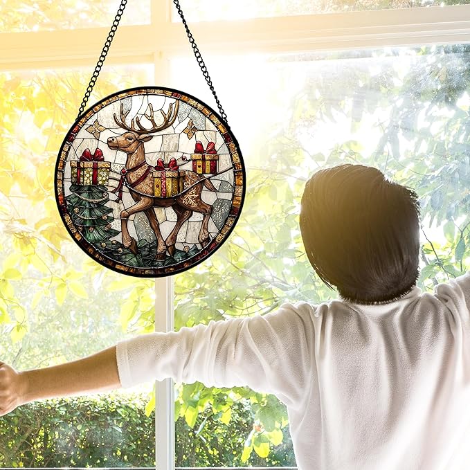 Stained Glass Window Hanging, Christmas Tree Elk Sun Catchers Colorful Glass Panel Retro Suncatcher Decor for Birthday for Women, Men, Wife, Aunt, and Mom 11.8x11.8 in