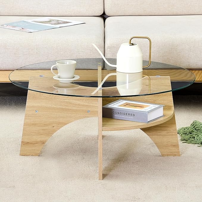 31.5" Round Glass Coffee Table with Tempered Glass Top and MDF Base, Diagonal Fan-Shaped Tray Design Table Leg Simple & Modern Center Table for Living Room Office Apartment Wood