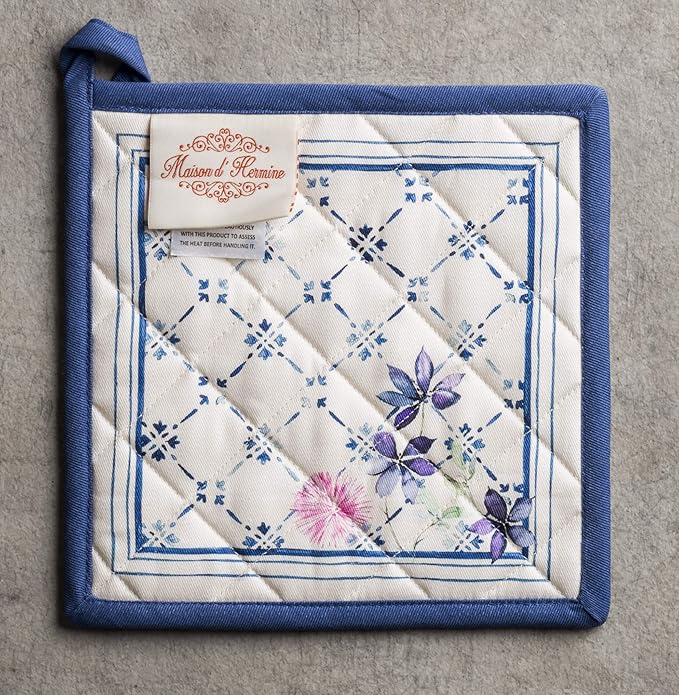 Maison d' Hermine Pot Holders 100% Cotton Heat Resistant Potholders 8" x 8" Hot Pads with Loop BBQ, Cooking, Baking, Grilling, Kitchen, Handling Hot Pans Spring/Summer (Pack of 1, Faience)