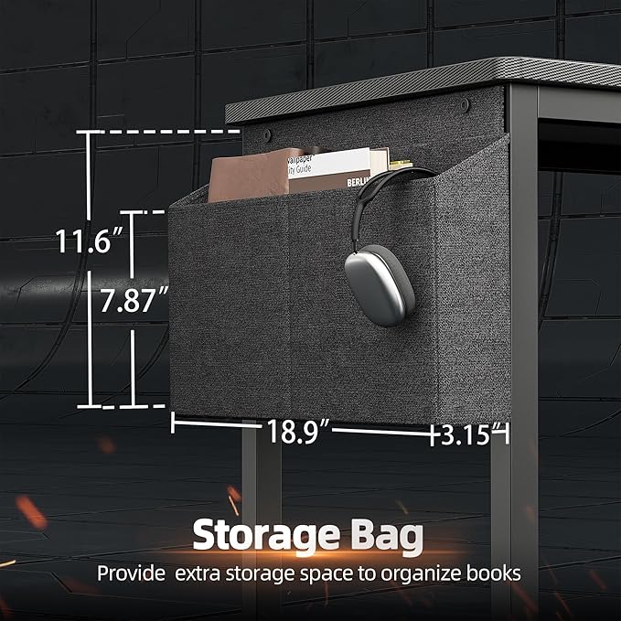 TIQLAB Gaming Desk 40 inch with Power Outlet and LED Light, Computer Desk with Reversible Shelves and Storage Drawer, Small PC Desk for Home Office Table with Bag, Carbon Fiber Black