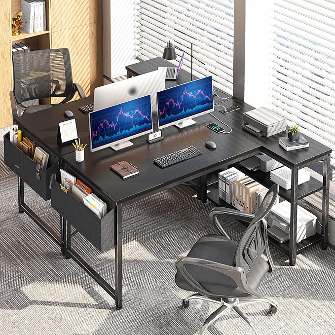 EnHomee Small Computer Desk with Storage Shelves & Side Bag, 40 Inch L Shaped Gaming Desk with Power Outlets, Corner Desk Study Writing Table for Home Office Bedroom Living Room, Black