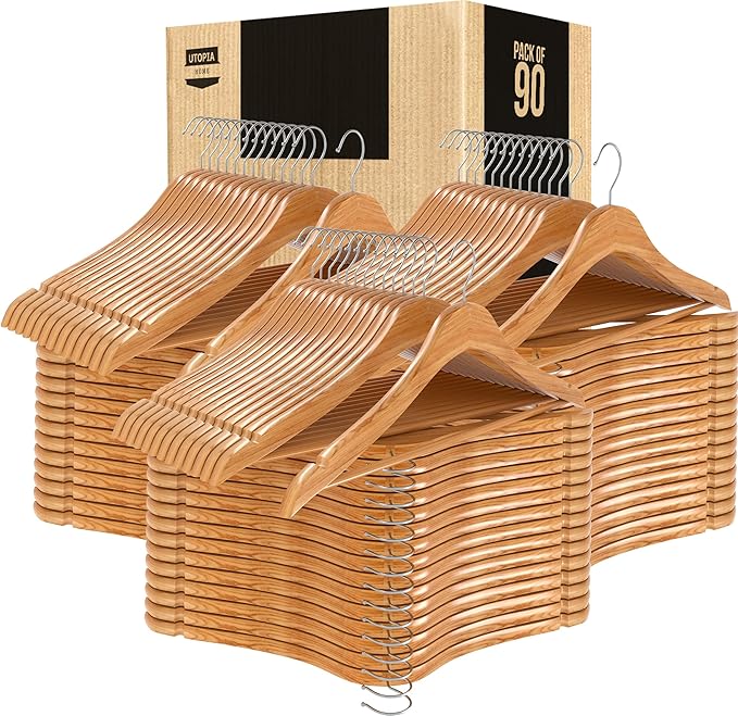 Utopia Home Premium Wooden Hangers 90 Pack - Durable & Slim Coat Hanger - Suit Hanger with 360-Degree Rotatable Hook - Wood Hangers with Shoulder Grooves (Natural Color)