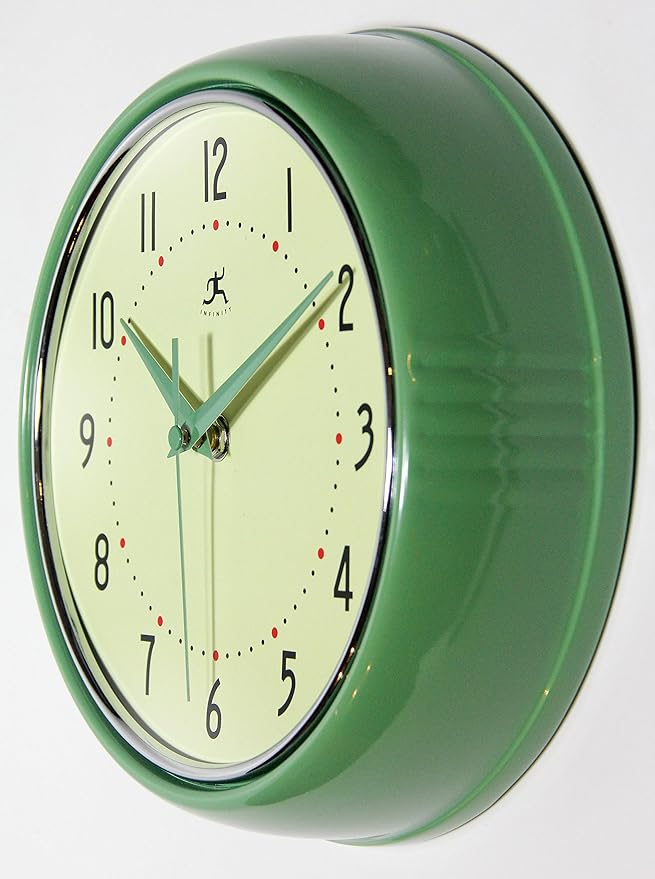 Infinity Instruments LTD. Retro 9 inch Silent Sweep Non-Ticking Mid Century Modern Kitchen Diner Wall Clock Quartz Movement Retro Wall Clock Decorative (Green)…
