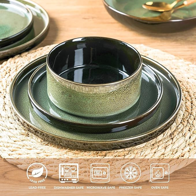 LERATIO Ceramic Dinnerware Sets for 4,Round Reactive Glaze Ceramic Plates and Bowls Set,Highly Chip and Crack Resistant | Dishwasher & Microwave Safe Dishes Set,Service for 4 (12pc)-Green