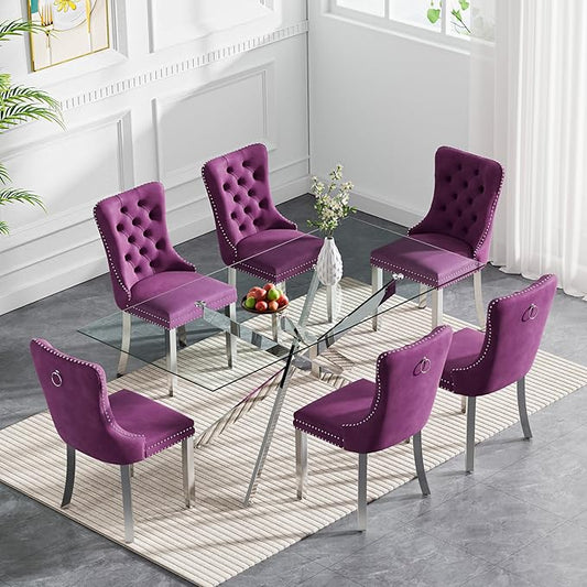 Goujxcy 7 Piece Glass Dining Table Set Modern Glass Dining Table Set for 6, 61" Rectangular Silver Kitchen Table and 6 Velvet Upholstered Chairs, Silver Table & Purple Chair