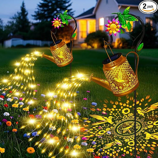 Hummingbird Solar Watering Can Lights, Outdoor Waterproof Garden Lanterns with Shepherd Hook, Solar Garden Decor for Yard Outdoor Landscape Pathway Porch Patio, Gift for Women Mom Grandma, 2 Pack
