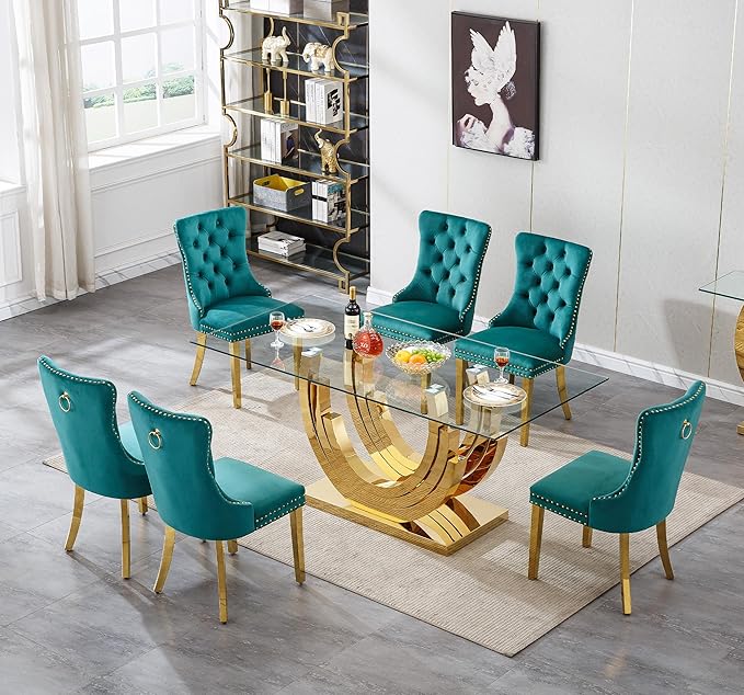 7 Piece Dining Table Set with 6 Green Dining Chairs, Modern Glass Kitchen Table and Chairs Set for 6, 70" Rectangle Gold Glass Pedestal Dining Room Tables with Ring-Shape Stainless Steel Base